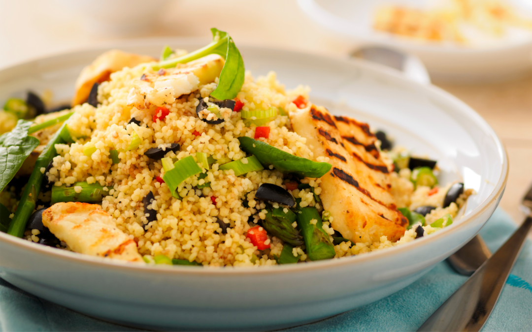 Crispy halloumi and spring veggie couscous